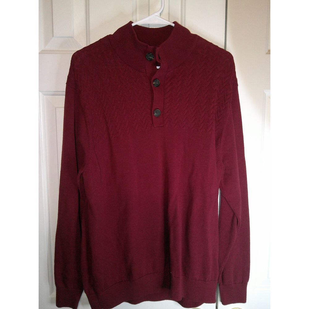 Alan‎ Flusser Mock Neck Sweater Textured Button Up Pullover Burgundy L
